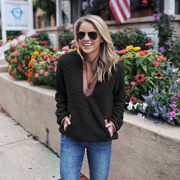 

women's down & parkas warm trade autumn and winter high pocket zipper neck streetwear long furry jacket solid black turtleneck idbj