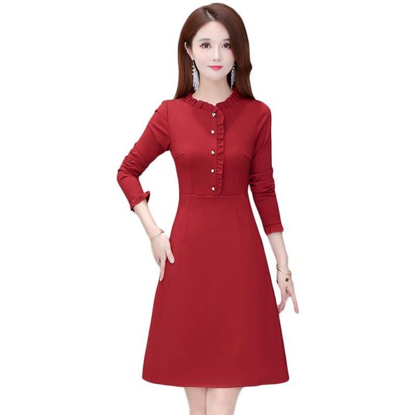 

casual dresses dress women black red plus velvet long sleeve ruffle collar 2021 autumn winter fashion slim vestidos feminina ld1516, Black;gray