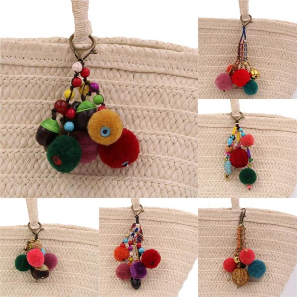 

1pc handmade bodhi colorful pompom ball walnut keychains minority jewelry car hanging thailand style, Silver