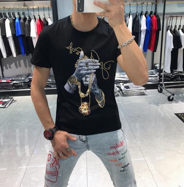 

2021 new rhinestones t shirts men cotton short sleeve o neck slim streetwear casual fashion man gifts xfed, White;black