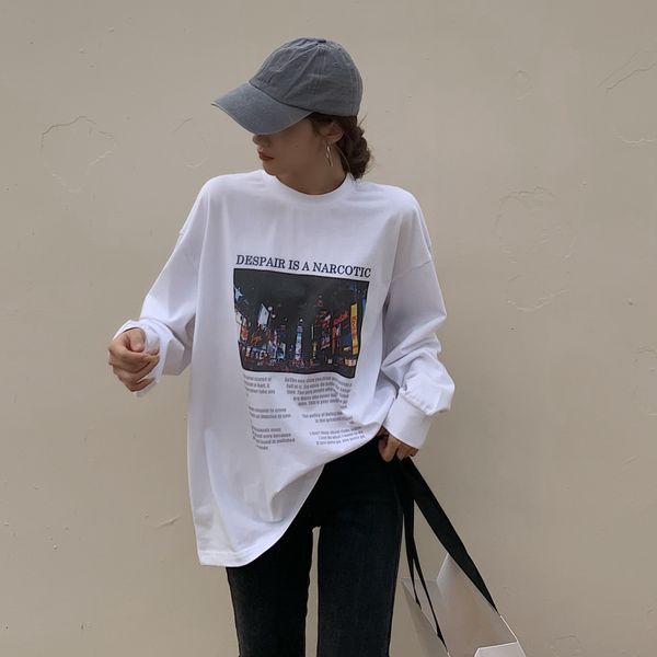 

cyjr new 2021 women spring fall fall-fall white t-shirts loosely released casual deep-sleeve impression long-sleeve wildlife korean 86k0