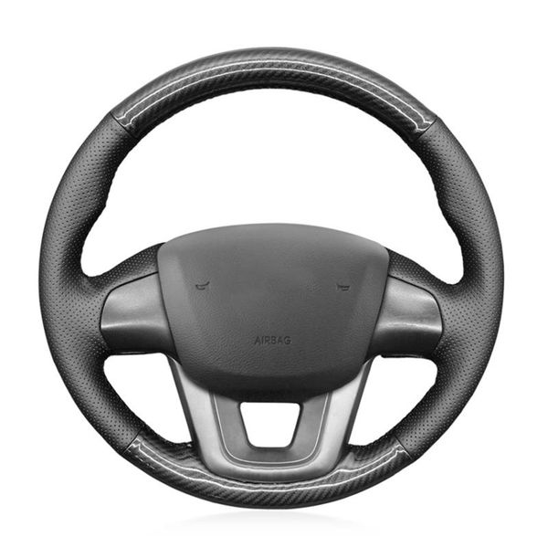 

steering wheel covers hand-stitched black carbon fiber leather no-slip car cover for kia k2 rio 2011 2012 2013 2014 2021