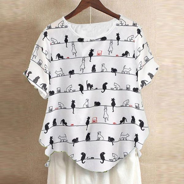 

women's t-shirt women fashion tshirt 2021 casual cat print short sleeve o-neck plus size summer clothes, White