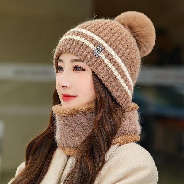 

beanies fur hat women's autumn/winter plus velvet warmth/cold protection ear cap bib two-piece duck tongue knitted woolen caps