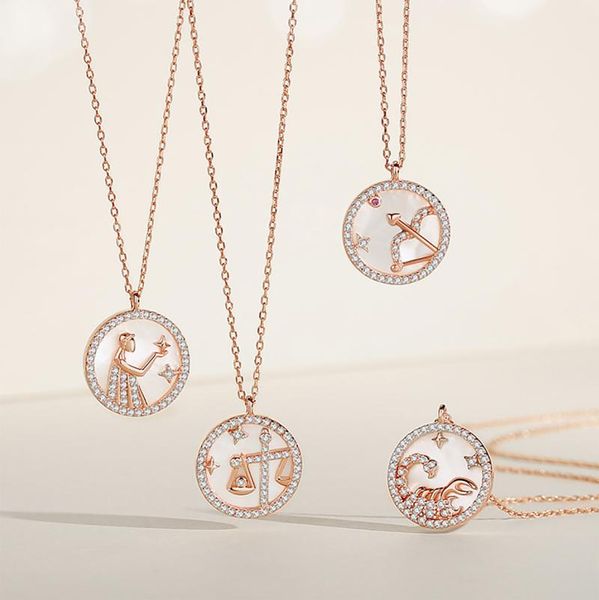 

pendant necklaces 12 constellation round coin shaped zodiac necklace crystal mother of pearl clavicle chain valentine day girls women gift, Silver