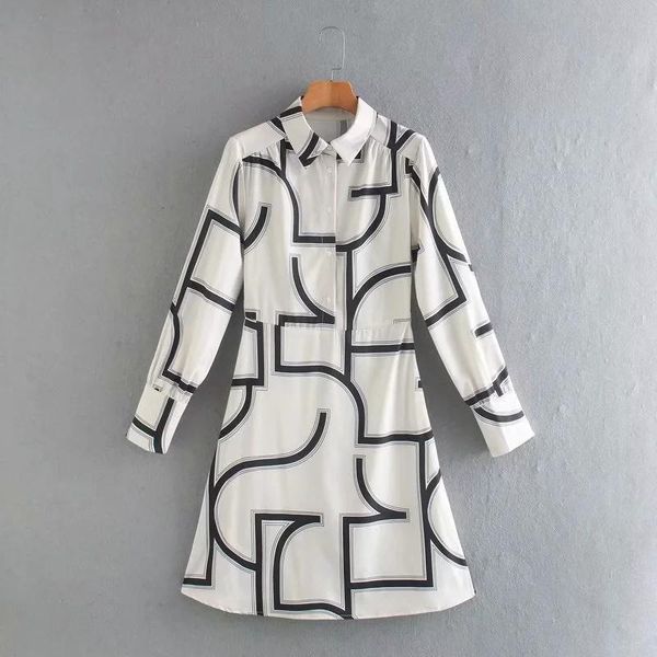 

casual dresses summer women geometric printing mini shirt dress female long sleeve clothes leisure lady loose vestido d7909, Black;gray