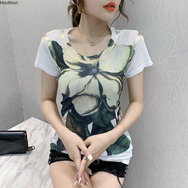 

women's t-shirt houthion summer slim all-match o-neck short sleeves fashion style street hipster floral print top, White