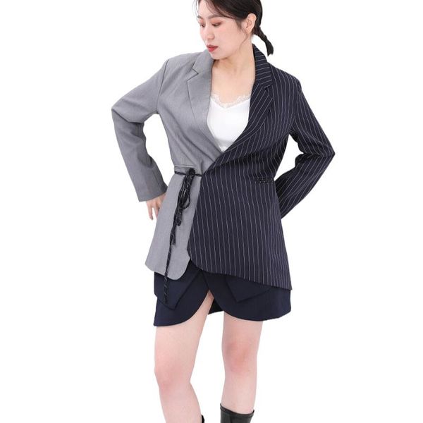 

women's suits & blazers striped suit matching color lace-up slim irregular jacket women bleizer de mujer office lady streetwear casual, White;black