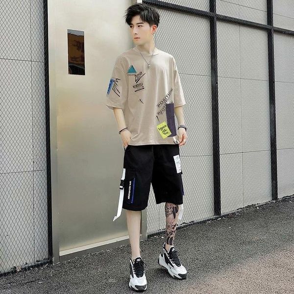 

men's tracksuits short sleeve t-shirt summer 2021 trend with youth leisure suit, Gray