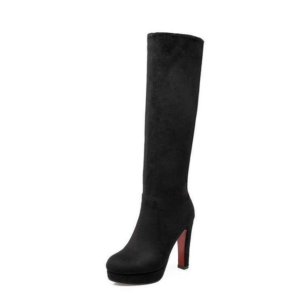 

boots autumn and winter high heel thick tube warm medium long round head suede size women's, Black