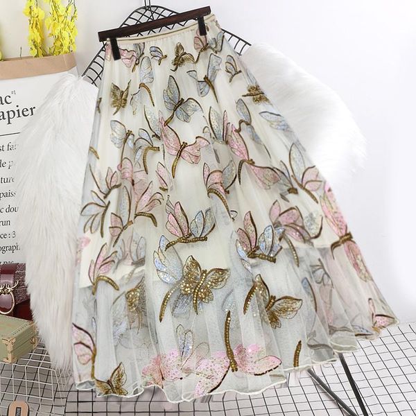 

skirts elastic high waist lace women summer sequined dragonfly embroidery korean elegant casual a-line half skirt female, Black