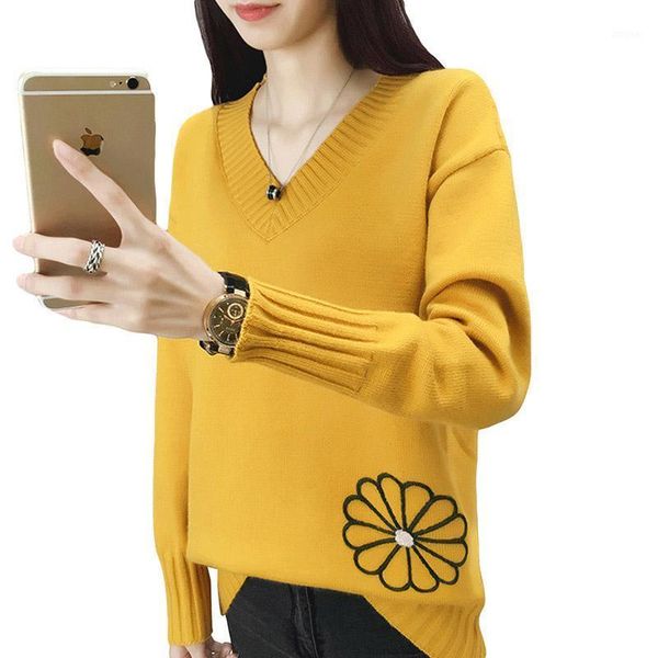 

women's sweaters autumn winter sweater v-neck embroidery pullover slim fashion korean knitted female casual warm, White;black