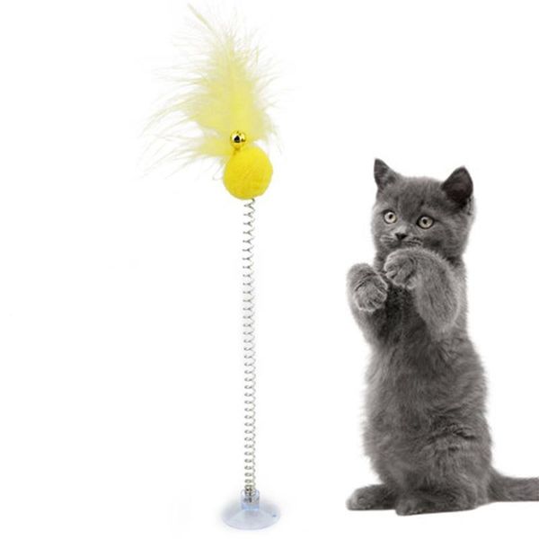 

1pc cat teaser suction cup spring toy faux feather cat toy teaser wand with bell pet supplies random color