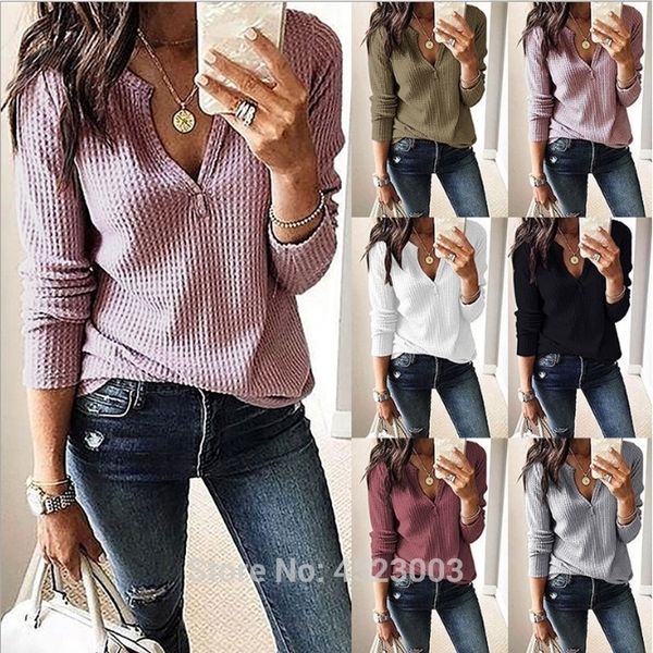 

womens v neck t shirts solid long sleeve waffle knit loose 210315, White