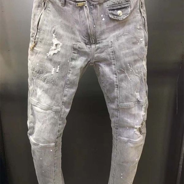 

2019 new fashion ripped italian style jeans men patchwork hollow out printed beggar cropped pants man cowboys demin pants male 210317, Blue