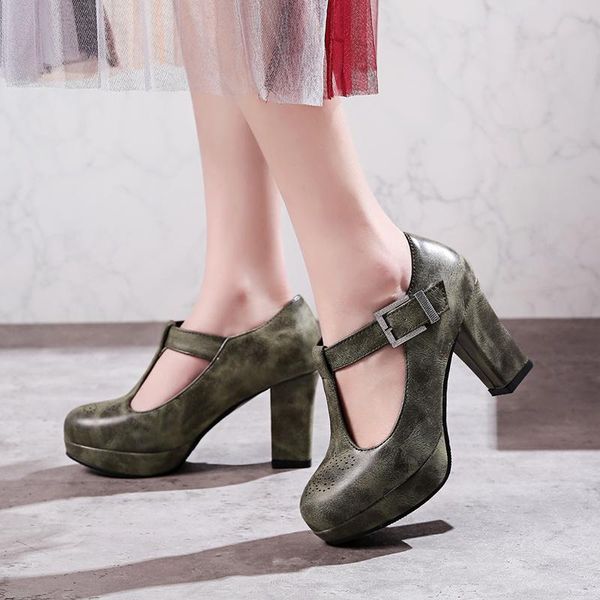 

dress shoes fashion t-straps platform high heels green women round toe party office pumps 43 size spring autumn, Black