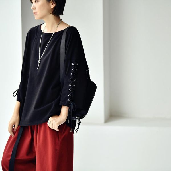 

women's t-shirt micoco t6387c leisure personality pull rope lace-up loose round collar three quarter batwing sleeve, White