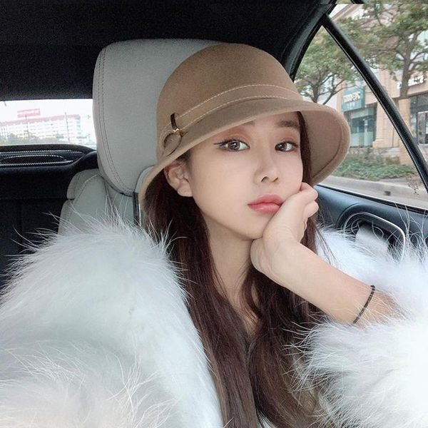 

stingy brim hats japanese wool bowl hat for women ladies autumn winter retro hepburn style khaki chapeu fedora fashion dinner formal top, Blue;gray
