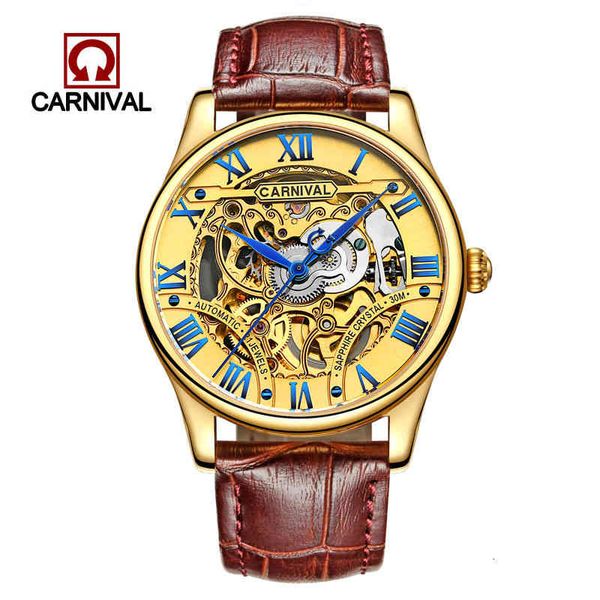 

luxury swiss watches carnival men's trademark mechanical wrist waterproof watch reloj hom skelet saffier 3, Slivery;brown