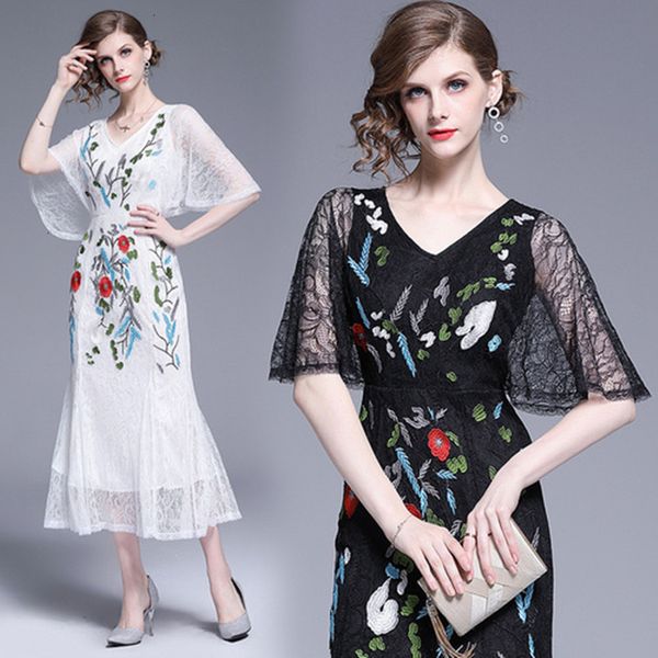 

casual dresses women summer runway embroidered lace party dress vestidos ladies v-neck fashion slim white/black mermaid 1eyk, Black;gray