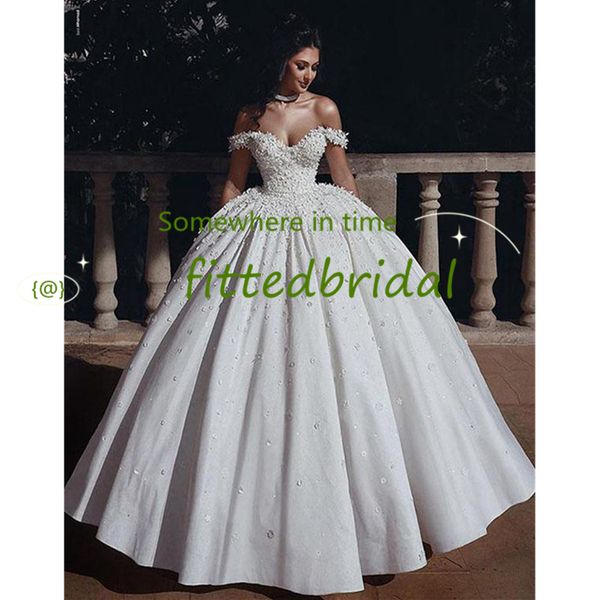 

gorgeous ball gowns wedding dresses 3d floral appliqued sequins beaded sweep train custom made weeding gown bridal dress, White