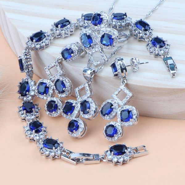 

wedding jewelry sets 925 sterling silver women bridal blue zirconia costume earrings bracelet pendant ring necklace set, Slivery;golden