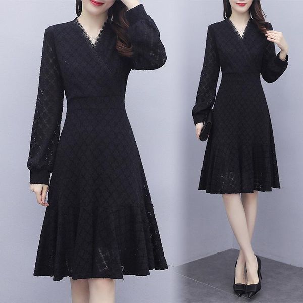 

casual dresses womens lace long sleeve autumn dress ladies party cocktail v-neck a-line skater birthday outfits loose clothes for woman, Black;gray