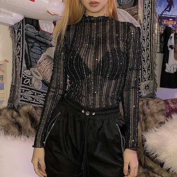 

women's jumpsuits & rompers women playsuits long sleeve mesh sequin bodysuit short jumpsuit romper ruffles see through skinny autumn sp, Black;white