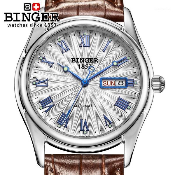 

switzerland watches men wristwatches binger luminous mechanical leather strap waterproof b106-4, Slivery;brown