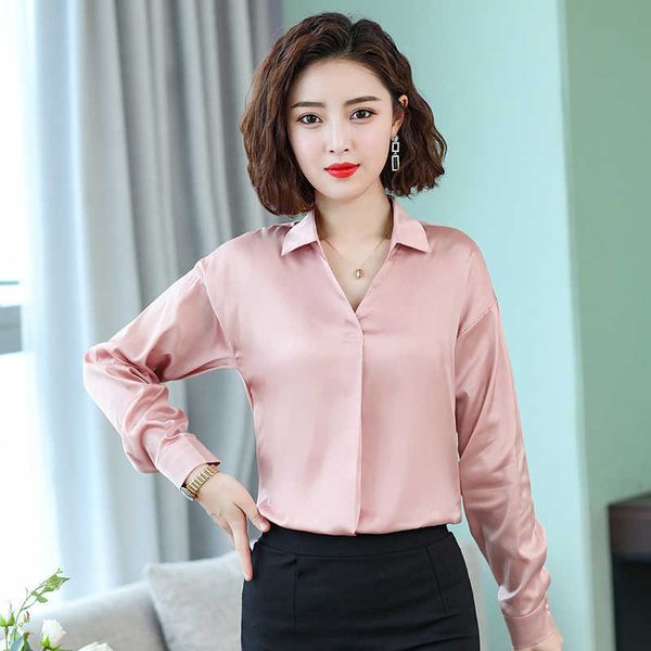 

spring korean fashion silk women blouses satin solid s and plus size xxxl pink long sleeve shirts 210531, White