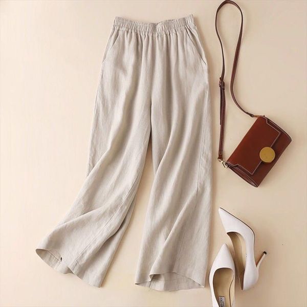 

summer cotton linen wide leg women capris plus size high waist casual loose trousers ankle length soft, Black;white