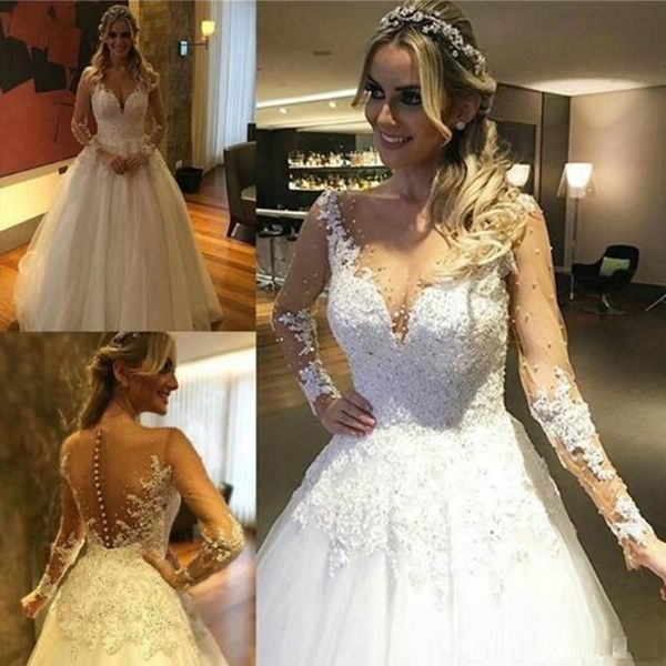 

luxury a line wedding dresses 2021 bridal gowns sheer neck long sleeve sweep train crystal beads chapel vestidos de novia plus size, White