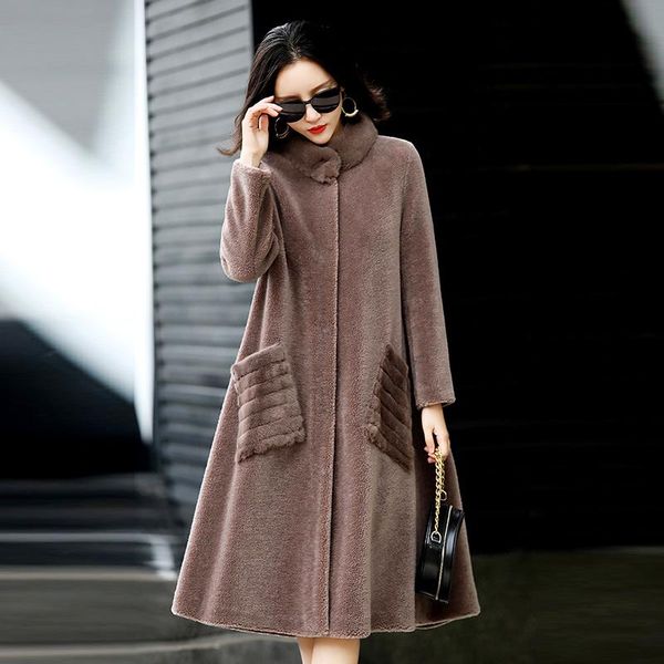 

women's fur & faux real coat mink collar 100% wool jacket autumn winter clothes 2021 sheep shearling korean vintage t4068, Black