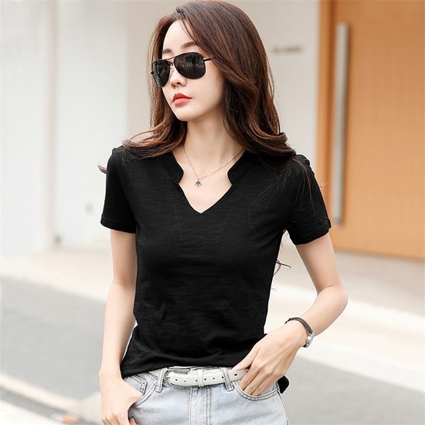 

bobokateer plus size v-neck black t shirt women summer tee shirt femme damskie t-shirt women tshirt cotton camisetas mujer 210317, White