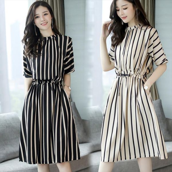 

summer large size korean women dresses fashion midi striped vestido de mujer femme robe, Black;gray