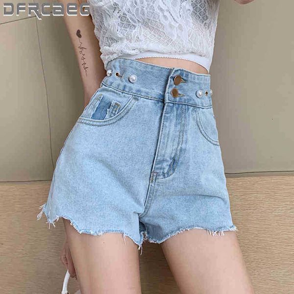

women's shorts high waist denim for women with beaded double buttons elegant wide leg lady jeans street wear short 0c3r, White;black