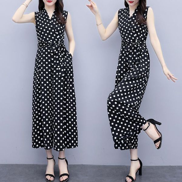

women's jumpsuits & rompers elegant ladies romper v-neck 2021 summer women sets one pieces fashion print sashes wide leg pant wj61, Black;white