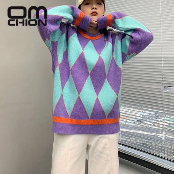 

women's sweaters omchion sueter mujer relaxed large rhombic contrast round neck for women korean pullover winter 2021 jumper, White;black