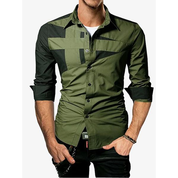 

color matching pattern men's long-sleeved shirt high-quality comfortable fit fashion retro style travel office entertainment, White;black