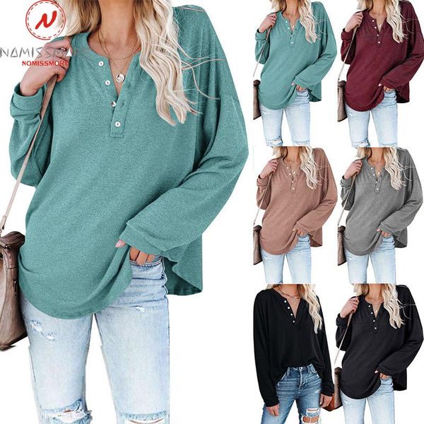 

women's t-shirt fashion women solid color t-shirts patchwork design button decor v-neck long sleeve spring autumn casual loose pullover, White