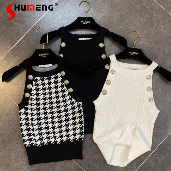 

women's tanks & camis 2021 spring summer ladies decorative buttons hollow ice silk knitted fashion slimming pullover knitwear vest, White