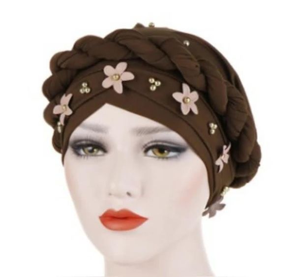 

scarves 2021 8 colors wrapped head hat twist braid turban flower nail golden pearl muslim cap, Blue;gray