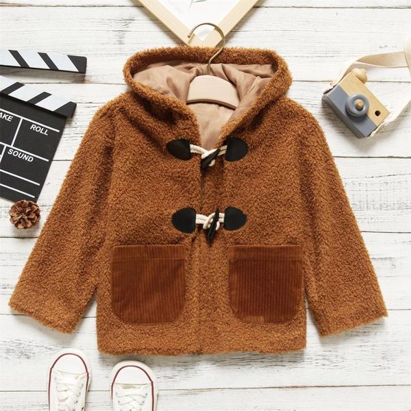 

jackets 2021 toddler girl button pocket design hooded fuzzy brown coat, Blue;gray