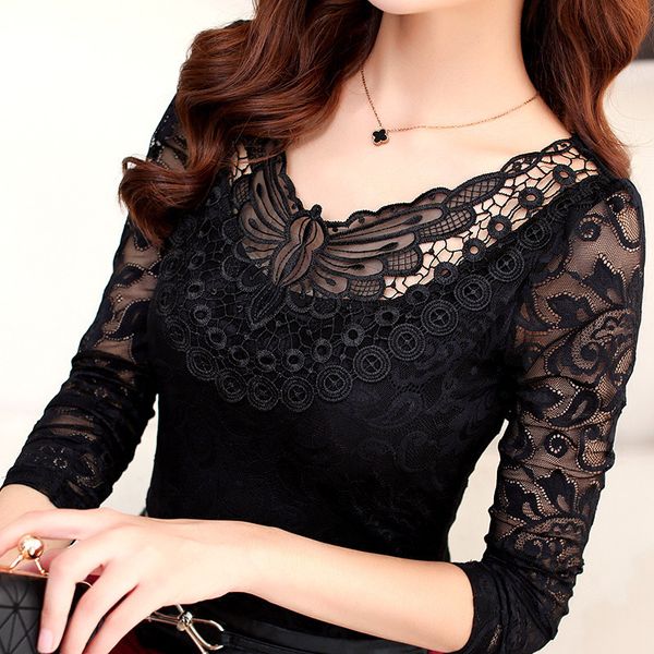 

hollow out lace blouse elegant shirt ladies -4xl crochet long sleeve embroidery patchwork women blouses 210226, Black;gray