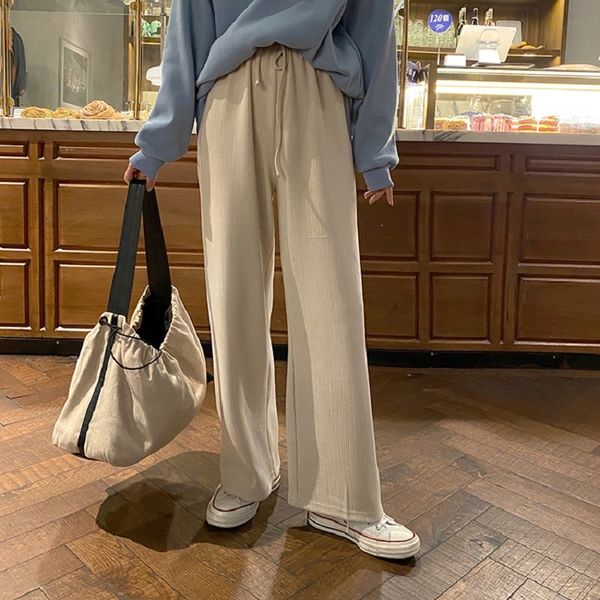 

2021 new 3 colors korean style soild color wide leg trouser female casual high elastic waist thick long pants womens (f4153) 6uvz, Black;white