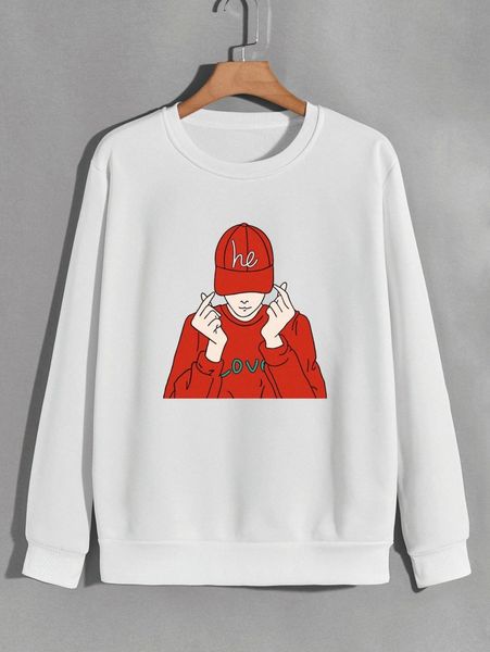 

men figure & letter graphic thermal lined sweatshirt s2d9#, Black