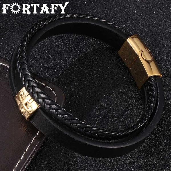 

charm bracelets fortafy jewelry multilayer leather bracelet for men golden cross stainless steel magnetic buckle fr0672, Golden;silver