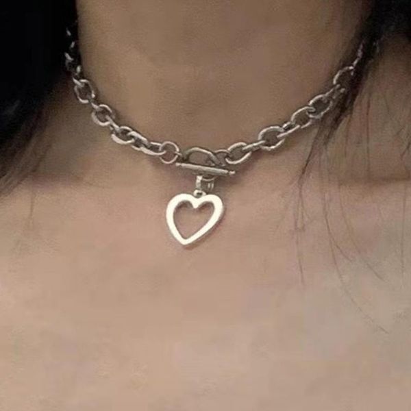 

pendant necklaces retro punk ins blogger love metal texture exaggerated thick chain hip hop heart ot necklace, Silver