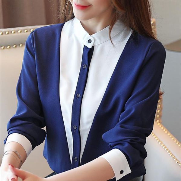 

long sleeve chiffon blusas women shirts mujer de moda stand collar office blouses blusa d642, White
