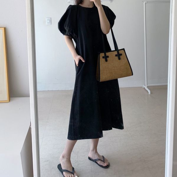 

new 2021 women summer loose short sleeve a-line es solid female color k9r0, Black;gray